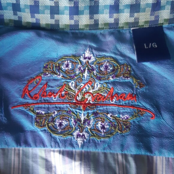 Robert Graham SZ LG Men's LS Shirt -Green, Navy & Mauve Striped, Embroidered - Picture 6 of 12
